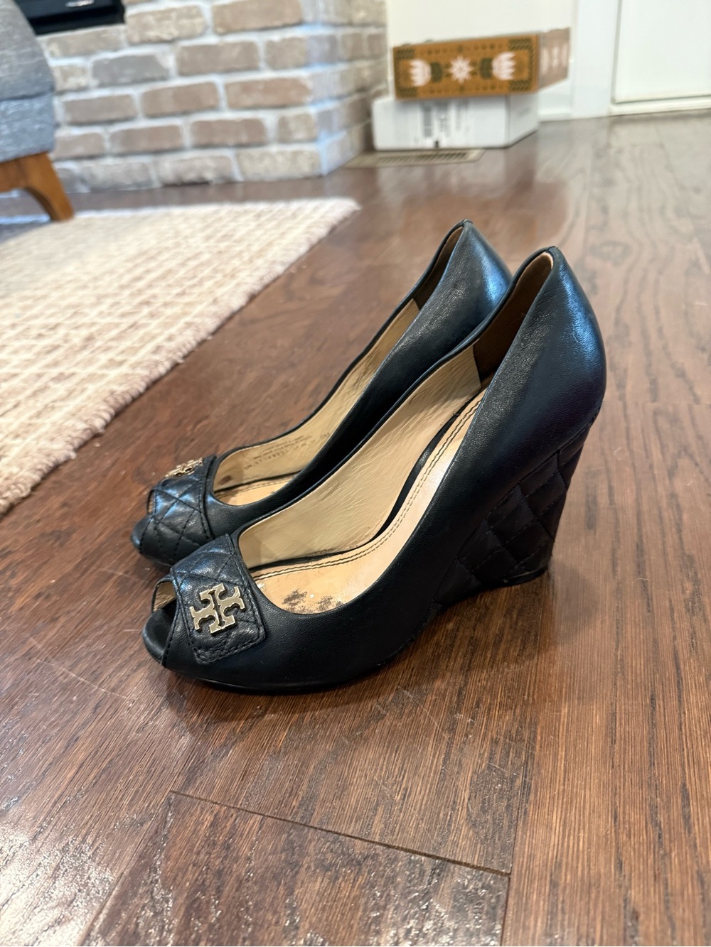 Tory Burch Black Quilted Leather Peep-Toe Wedges